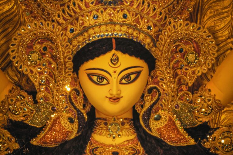 Intricate and colorful idol of Goddess Durga celebrated during the Durga Puja festival in Kolkata, India.